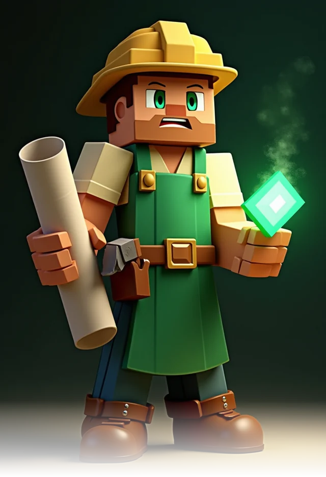 The Builder: a blocky master builder in a green apron holding blueprints.