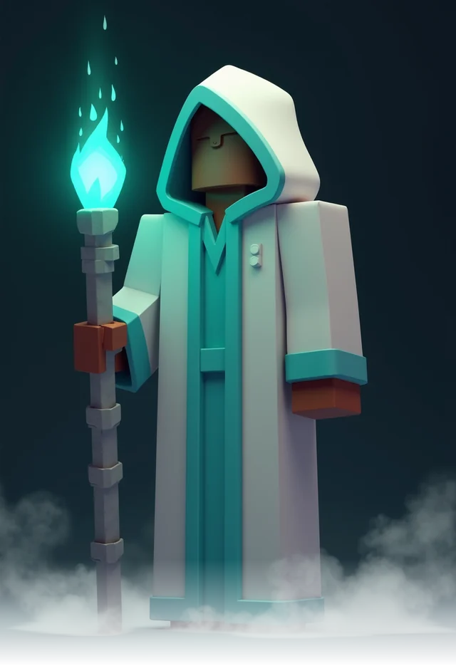 The Warden: a hooded figure in grey and cyan holding a glowing staff.
