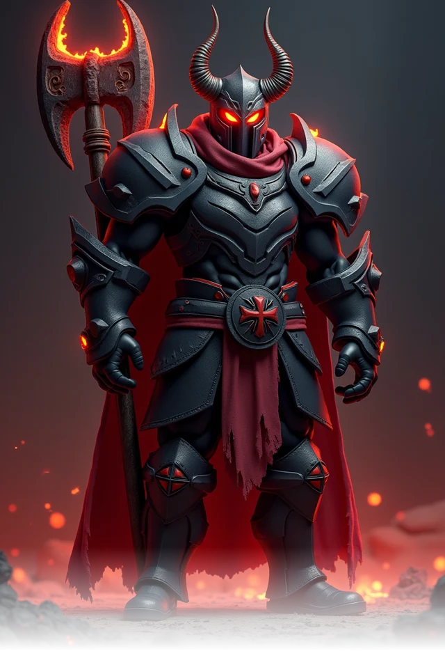 The Warlord: a blocky raider in scorched black armour with a battle axe.