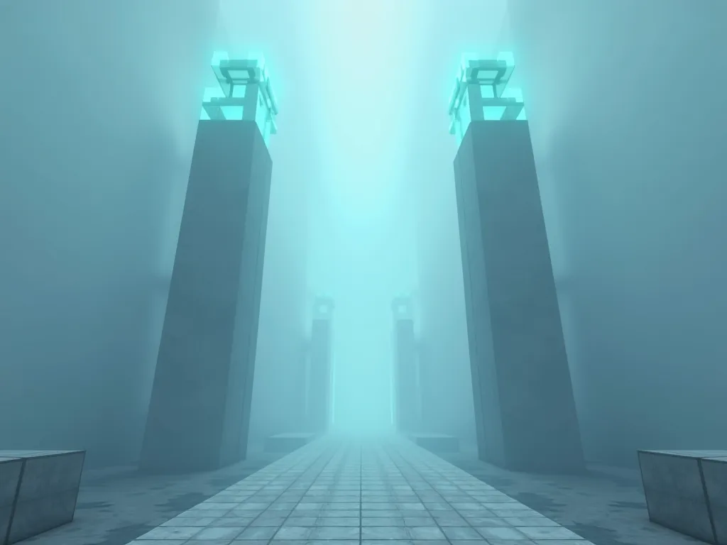 The neutral middle zone: a pale stone causeway between two glowing turquoise pillars in the fog.