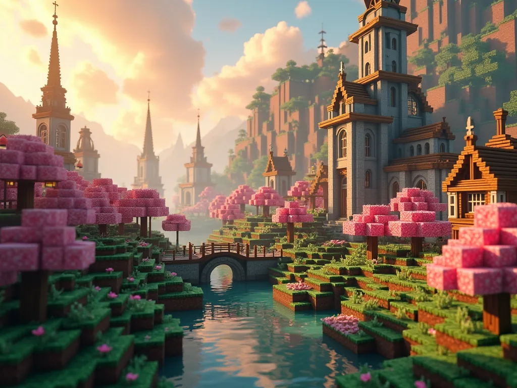 The peace side of VanillaTown: a green village of cubic towers at golden hour.