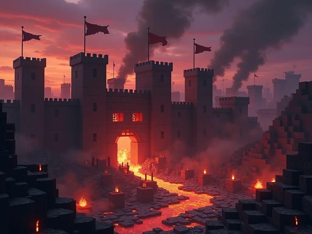 The war side of VanillaTown: a burning obsidian fortress under a red storm.